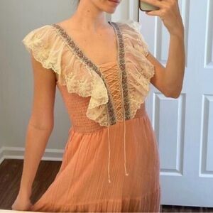 Vicky Vaughn Vintage smocked Bodice Lace Up Tiered Maxi Dress